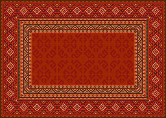 Luxury vintage oriental carpet in red shades with patterns of yellow, beige and maroon colors
