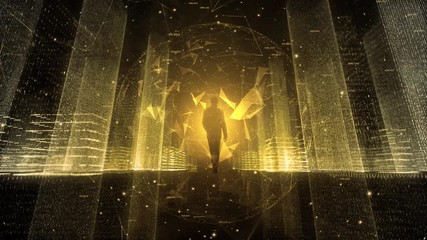 Businessman walks through futuristic digital city cyberspace network. 