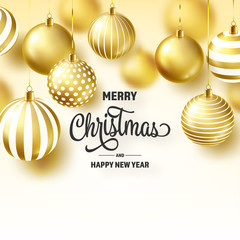 Christmas Background With Tree Balls. Golden Ball. New Year. Winter holidays. Season Sale Decoration. Gold Xmas Gift.