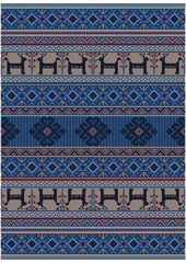 Original luxury vintage oriental rug in blue shades with deer and flowers on beige background