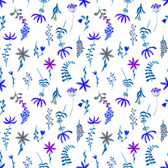 Cute watercolor floral seamless pattern. Blue boho
