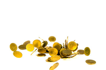 Movement of falling gold coin, flying coin, rain money isolated on white background, business and financial wealth and take profit concept.