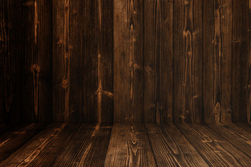 Grunge dark wood background wall and floor. wooden texture. surface, display backdrop, put product.