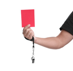 Football referee with whistle holding red card on white background, closeup