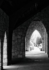 Stone archways at a church.