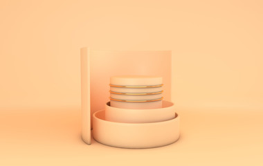 3d rendered beige and gold geometric primitive shapes in the room, cylinder podium.  Abstract pastel colored composition in modern minimal design