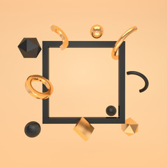 Abstract 3d rernder illustration with empty frame and primitive geometric shapes, spheres, rings and other. Pastel colored mock up background
