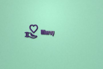 3D illustration of Mercy, violet color and violet text with green background.