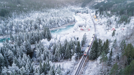 Train Oslo - Bergen in mountains. Hordaland, Norway.