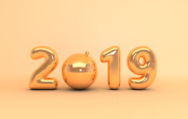 New year 2019 celebration background. Gold metallic numerals 2019, christmas decorative ball on the floor, pastel beige studio room. 3D render illustration for New Year's and Christmas banners.