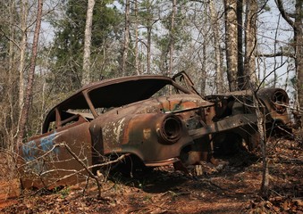 Obraz na płótnie Canvas Old car/truck rotting in the woods.