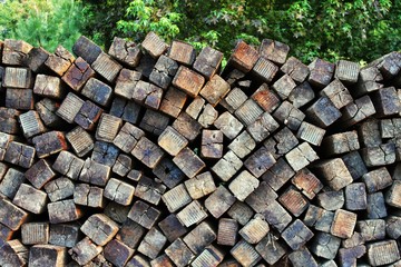 Stacked railroad ties.