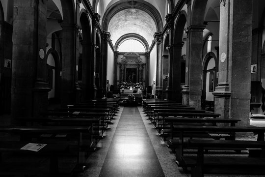Beautiful church seen from the inside photographed in black and white