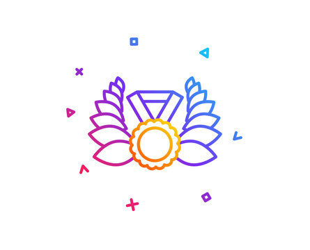 Laurel wreath line icon. Winner medal symbol. Prize award sign. Gradient line button. Laureate medal icon design. Colorful geometric shapes. Vector © blankstock