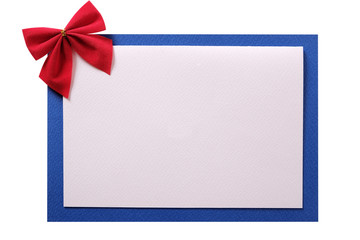 Christmas card red bow blue border isolated
