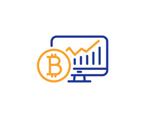 Bitcoin graph line icon. Cryptocurrency analytics sign. Crypto money statistics symbol. Colorful outline concept. Blue and orange thin line color Bitcoin chart icon. Vector