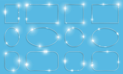 Metal shiny glowing frames set with shadows isolated on blue background. Pack of silver luxury realistic square, round, oval borders. Vector illustration