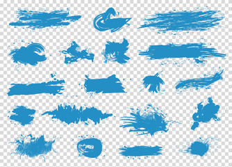 Blue ink splash spots big set isolated on transparent background. Art brushes pack. Vector illustration