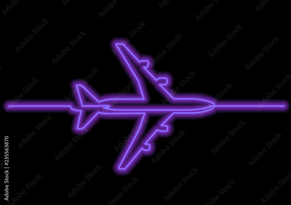 Poster one line drawing of isolated vector object - passenger airplane with neon vector effect