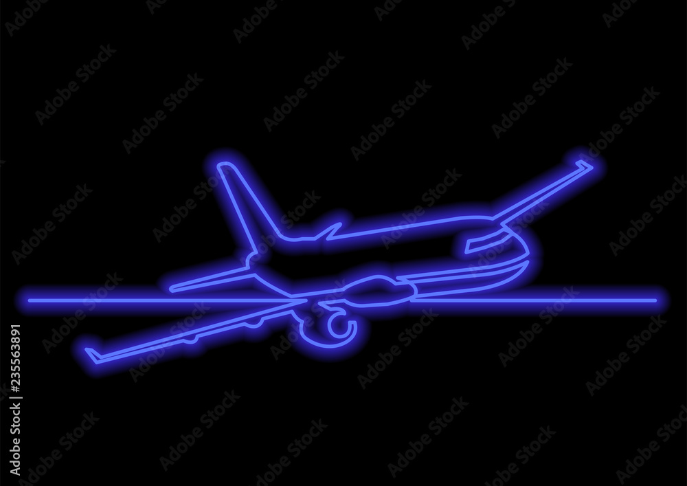 Poster one line drawing of isolated vector object - passenger airplane with neon vector effect