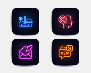 Neon set of Open mail, Writer and Household service icons. New sign. View e-mail, Copyrighter, Cleaning equipment. Discount. Neon icons. Glowing light banners. Vector