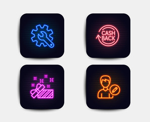 Neon set of Present, Cashback and Customisation icons. Edit person sign. Gift, Refund commission, Settings. Change user info. Neon icons. Glowing light banners. Present vector