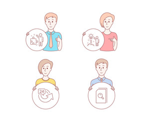 People hand drawn style. Set of 24 hours, Strategy and Creative idea icons. Search files sign. Repeat, Business plan, Startup. Magnifying glass.  Character hold circle button. Man with like hand - Powered by Adobe
