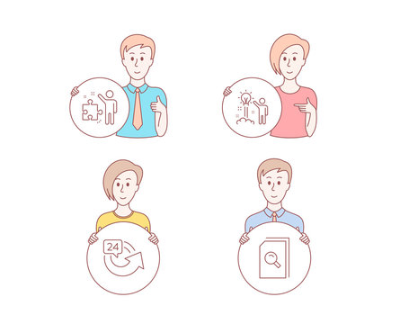 People hand drawn style. Set of 24 hours, Strategy and Creative idea icons. Search files sign. Repeat, Business plan, Startup. Magnifying glass.  Character hold circle button. Man with like hand - Powered by Adobe