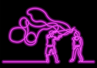 one line drawing of couple making soap bubbles with neon vector effect