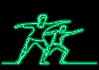 one line drawing of seniors doing exercise with neon vector effect