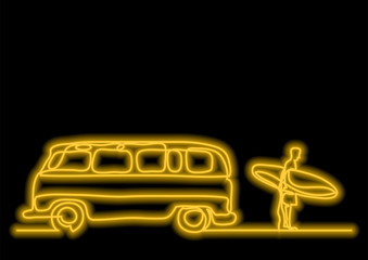 one line drawing of van and man with surfboard on beach with neon vector effect