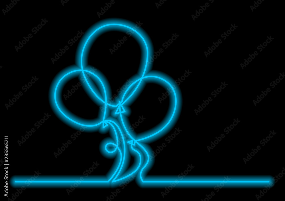 Poster one line drawing of isolated vector object - air balloon with neon vector effect