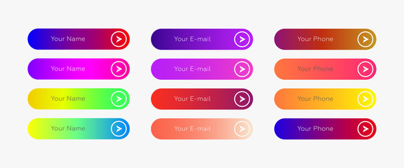 Fototapeta premium Web buttons flat design template with color gradient and thin line outline style. Vector isolated rectangular rounded web page next arrow button elements set on white background.