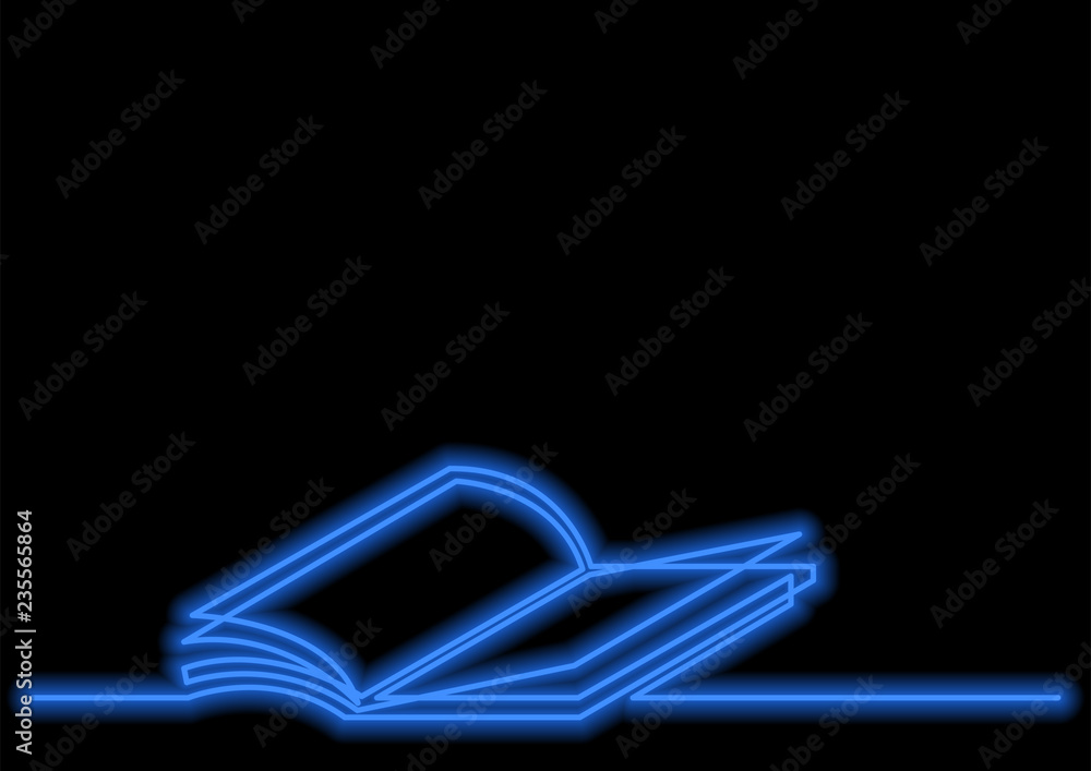 Poster one line drawing of isolated vector object - open book with neon vector effect