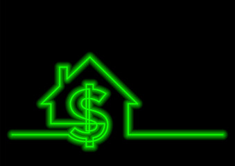 continuous line drawing of dollar sign and house with neon vector effect