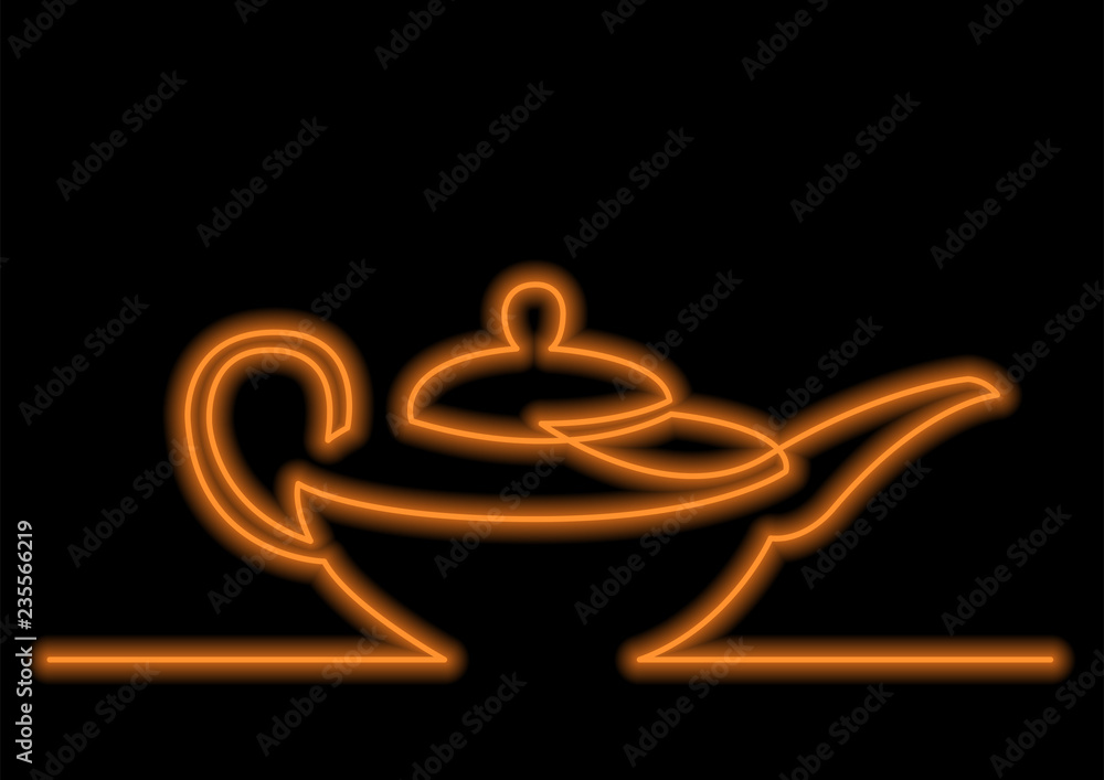 Poster one line drawing of isolated vector object - teapot with neon vector effect