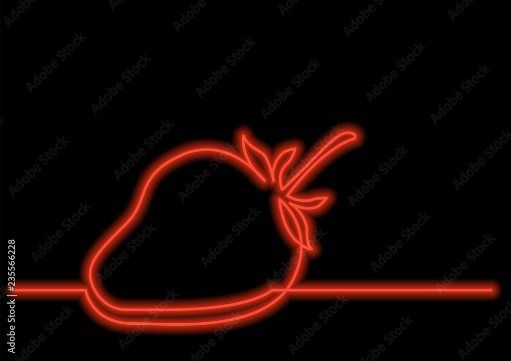 Poster one line drawing of isolated vector object - strawberry with neon vector effect