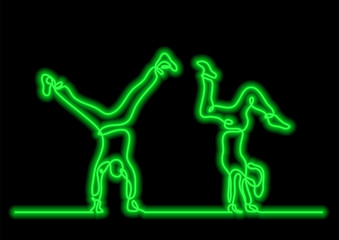 one line drawing of couple doing handstand with neon vector effect