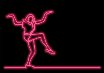 Fototapeta na wymiar happy dancing woman - single line drawing with neon vector effect