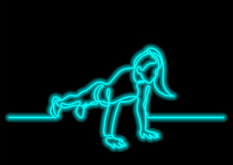 one line drawing of woman doing pushups with neon vector effect