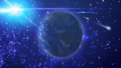 View of the earth, the sun and the flying comet against the starry sky