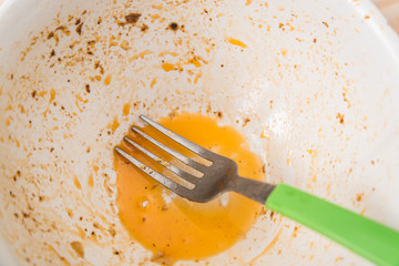 dirty bowl on a wooden background