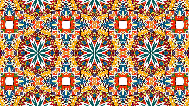 multi color tile-mosaic with a traditional Moroccan pattern.