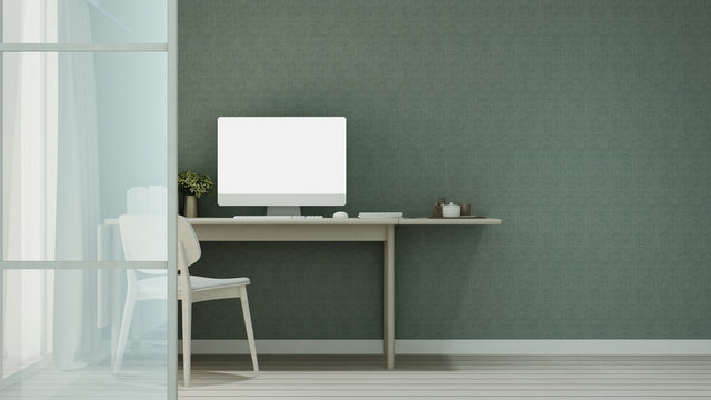 workplace or dining room in home or apartment and green wallpaper decoration - Interior simple design - 3D Rendering