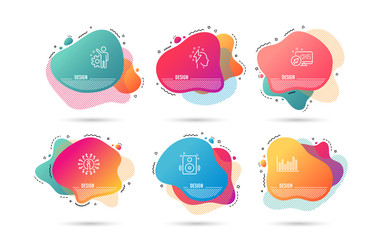 Dynamic liquid shapes. Set of Speakers, Brainstorming and Employee icons. Bar diagram sign. Sound, Lightning bolt, Cogwheel. Statistics infochart.  Gradient banners. Fluid abstract shapes. Vector