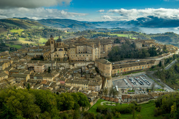 Aerial view of the Ducal Palace at the popular tourist destination world heritage site of Urbino in...