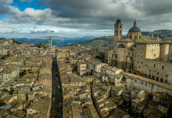 Obraz premium Aerial view of the Ducal Palace at the popular tourist destination world heritage site of Urbino in the Marche region Italy