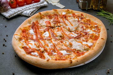 Pizza with meat and barbecue sauce