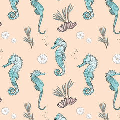 Vector seahorse animals pattern. Surface cover with cute underwater marine fish. Ocean life summer background. Doodle Art. © milatoo