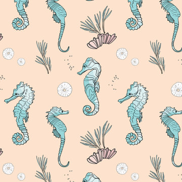 Vector seahorse animals pattern. Surface cover with cute underwater marine fish. Ocean life summer background. Doodle Art.